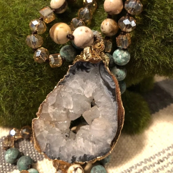 Beaded Raw Solar Quartz Crystal Pendant Necklace - Picture 7 of 12